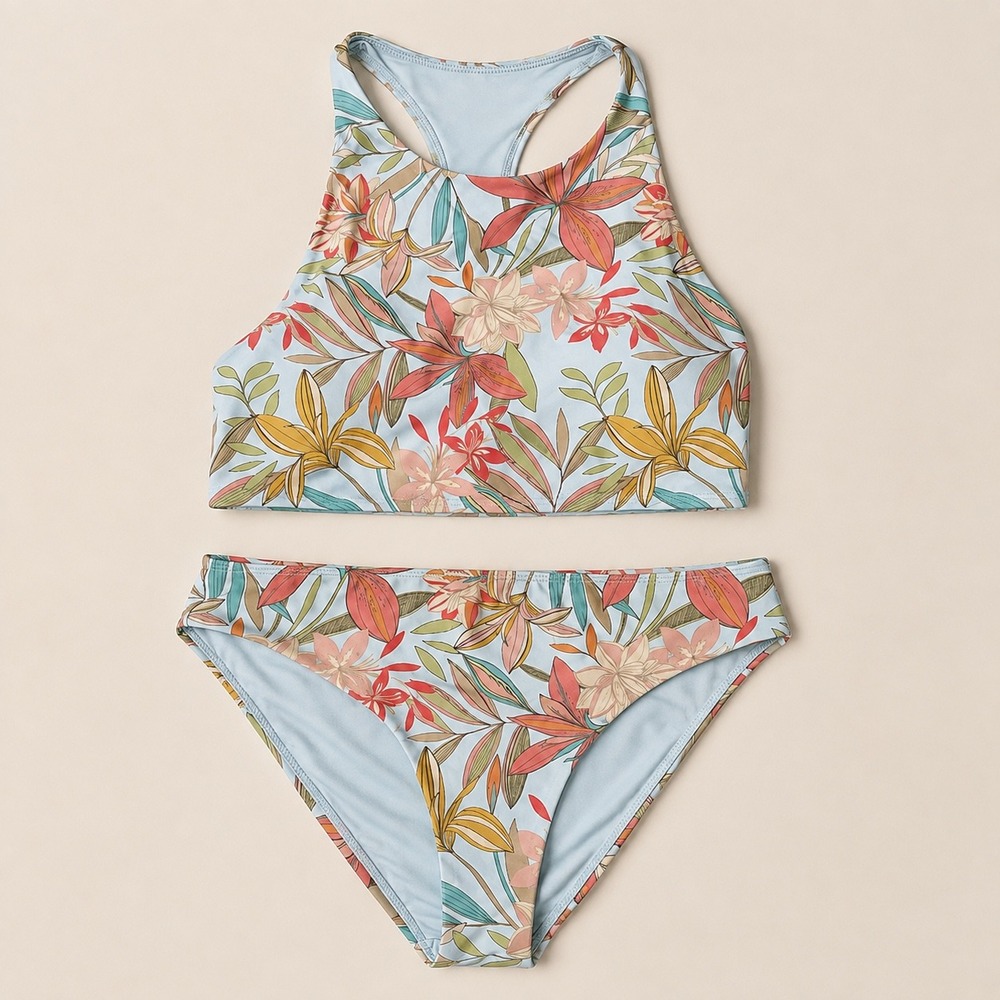 Sol Angeles Womens Tropical Floral High Neck Racerback Bikini Set Blue Large